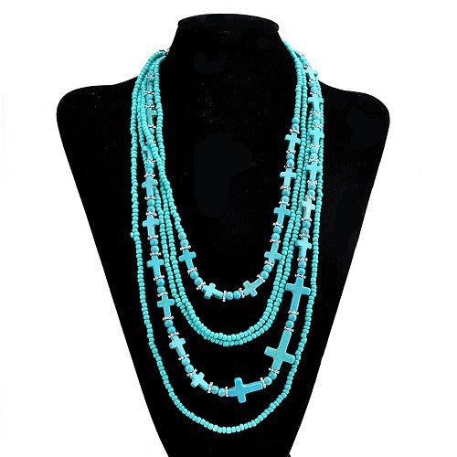 Wholesale  Retro Turquoise Rice Beads Multi-Layer Cross Necklace