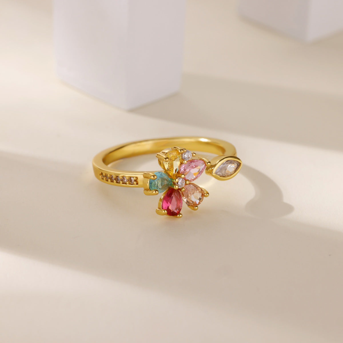 Wholesale Copper ring inlaid with colorful cubic zirconia in a butterfly and flower design