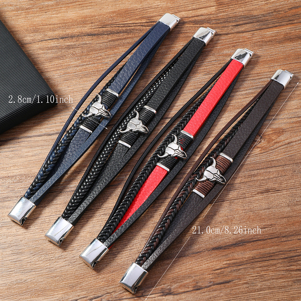 Wholesale Leather Western-style cowboy bull head multi-layered bracelet