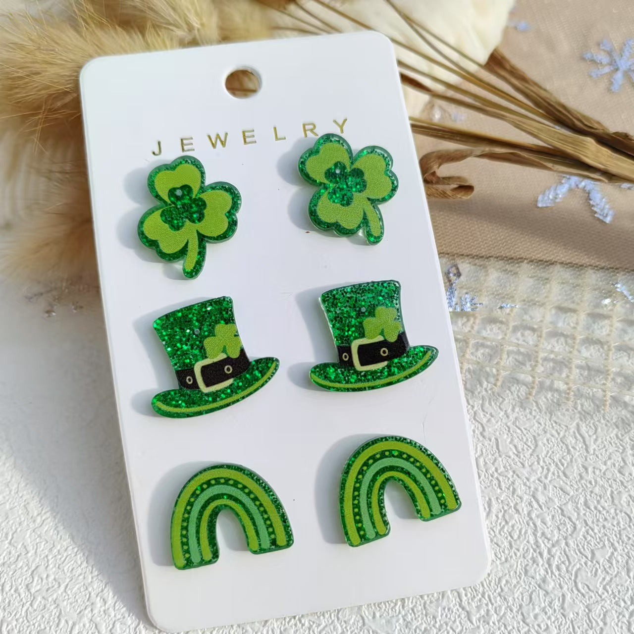 Wholesale 3pcs/set St. Patrick's Day Acrylic  Glitter Hat Shamrock  Earrings