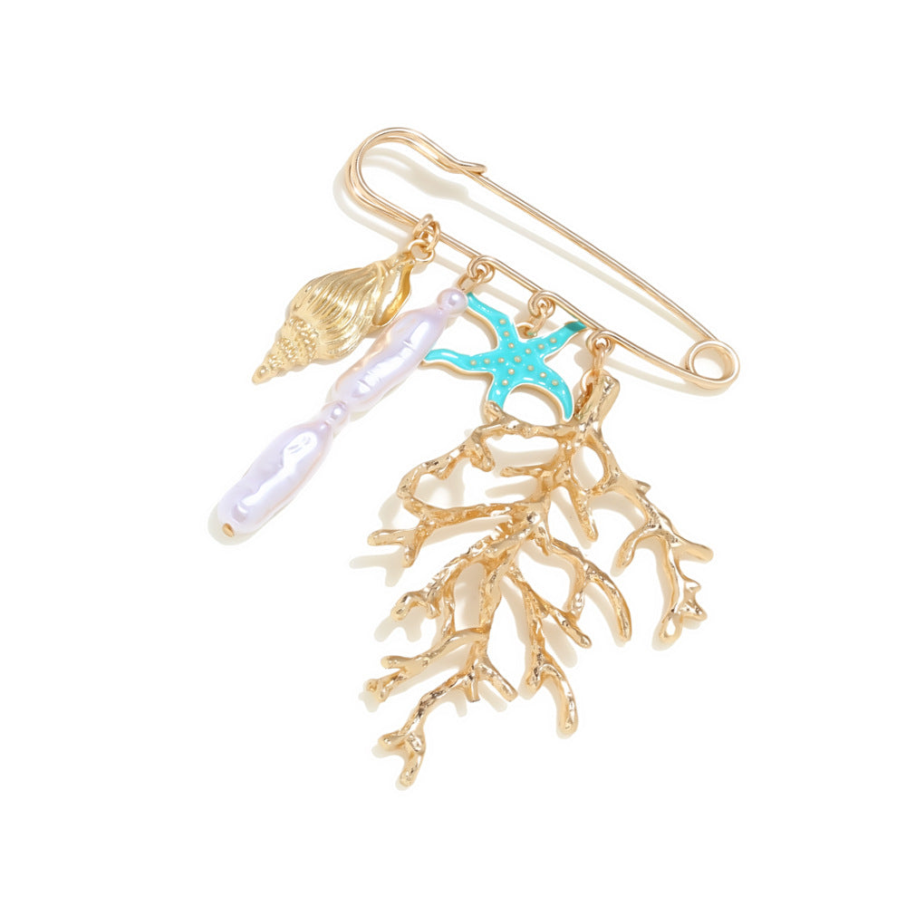 Wholesale Exaggerated coral dripping starfish patchwork Baroque pearl brooch,  creative marine element waist pin