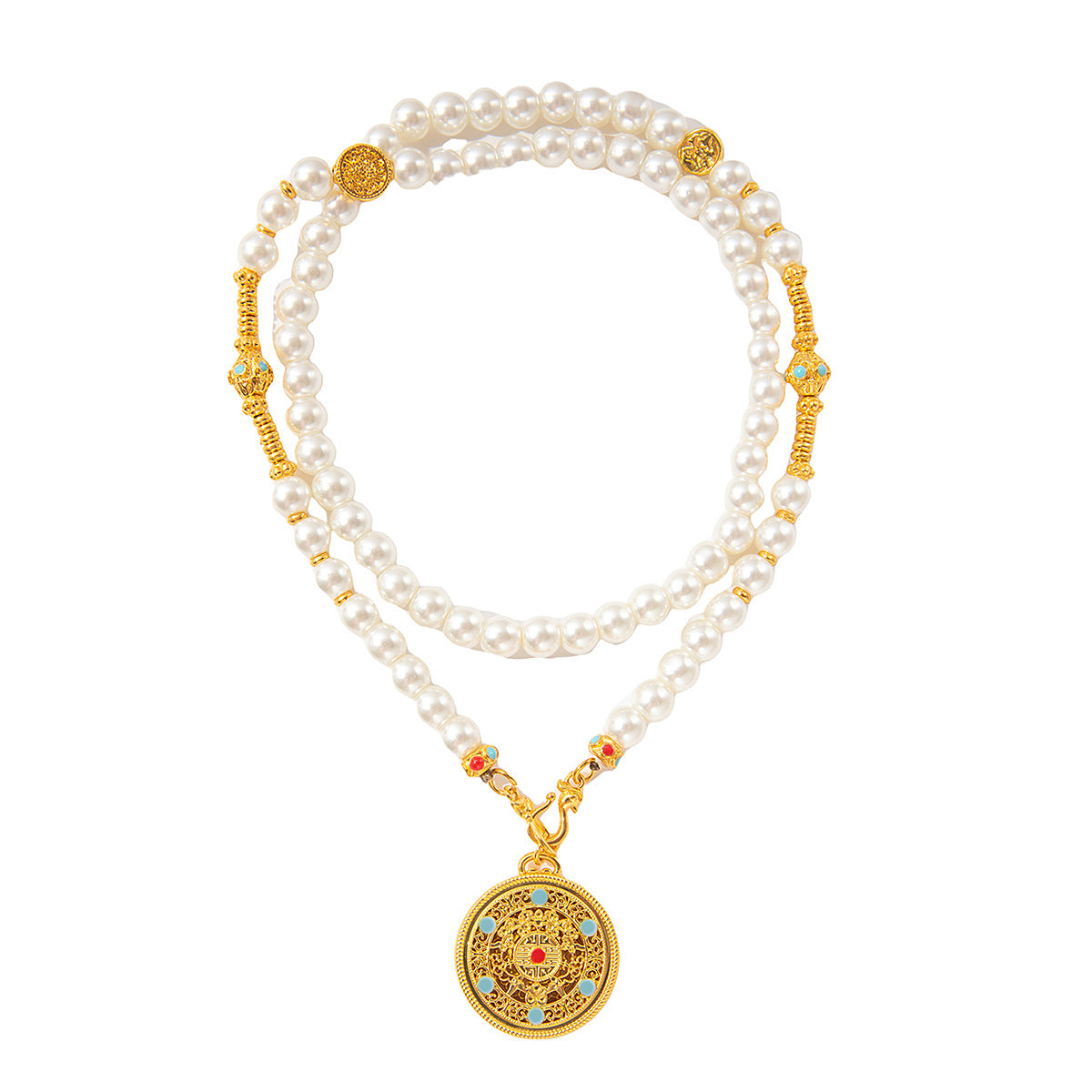 Wholesale Pearl Ancient Five Blesques Hollow Disc Necklace