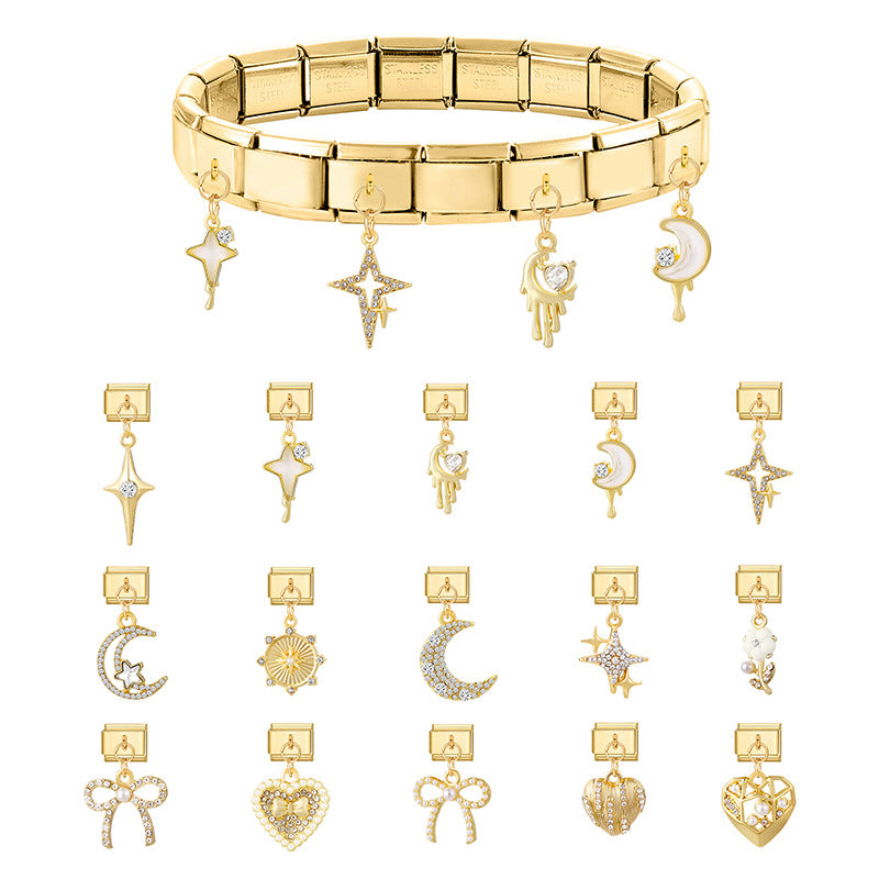 Bracelet de charme italien en gros 9 mm de bricolage d'épissage en or et en diamant blanc bracelet composable en acier inoxydable