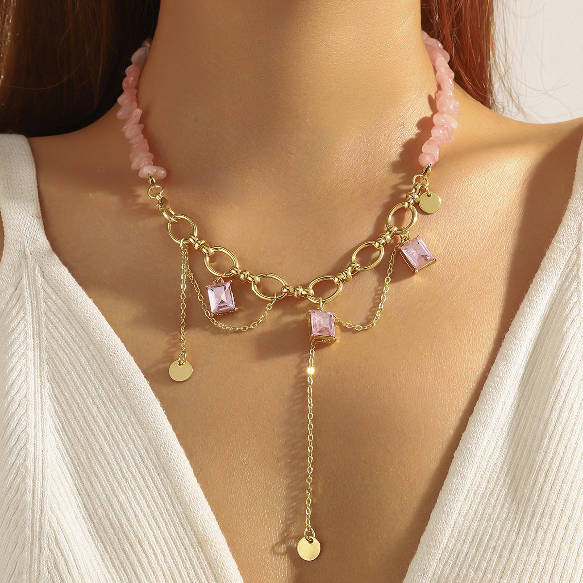Wholesale High-End Clavicle Chain Niche Design Natural Stone Necklace Bracelet Earrings Accessories Women' s Summer Suit