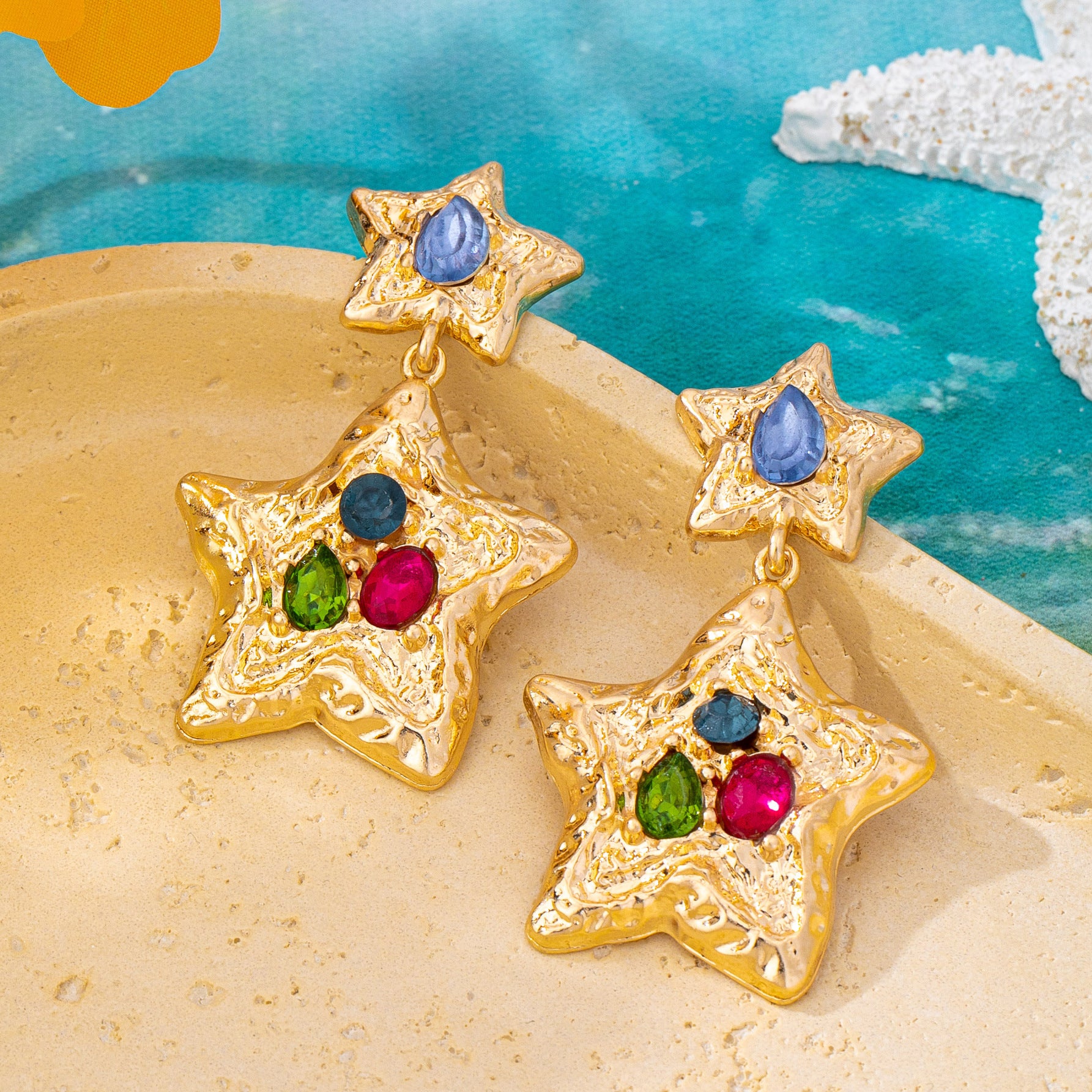 Wholesale Retro Star Earrings Antique Gold Tone With Colorful Gems For Party Fashion Accessory