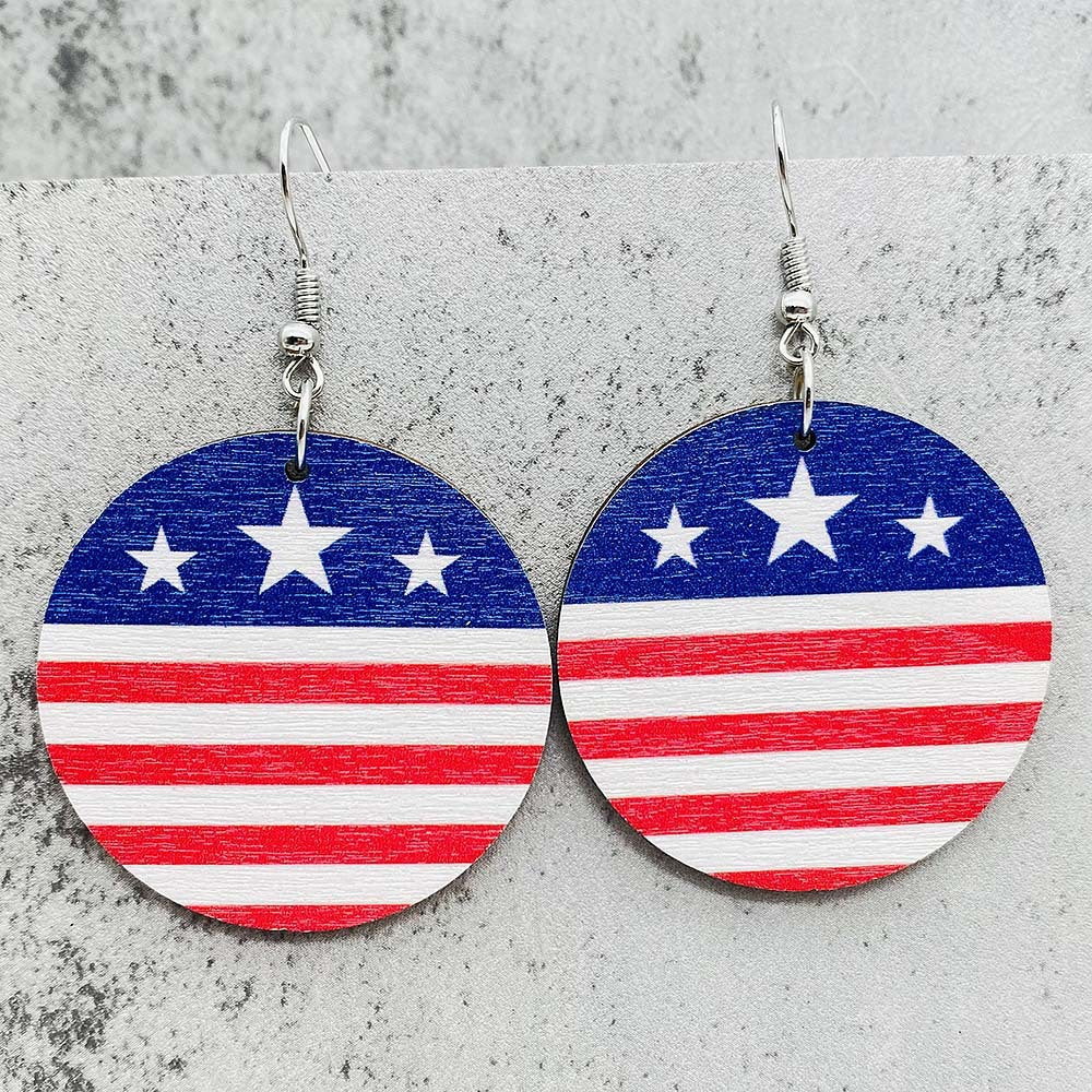 Wholesale Independence Day  American Flag Eagle Round Five-pointed Star Printed Wooden Earrings