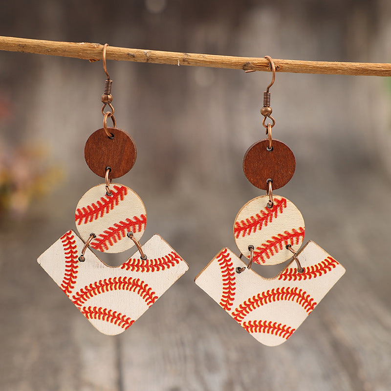 Wholesale Sports style geometric patchwork print baseball wooden earrings
