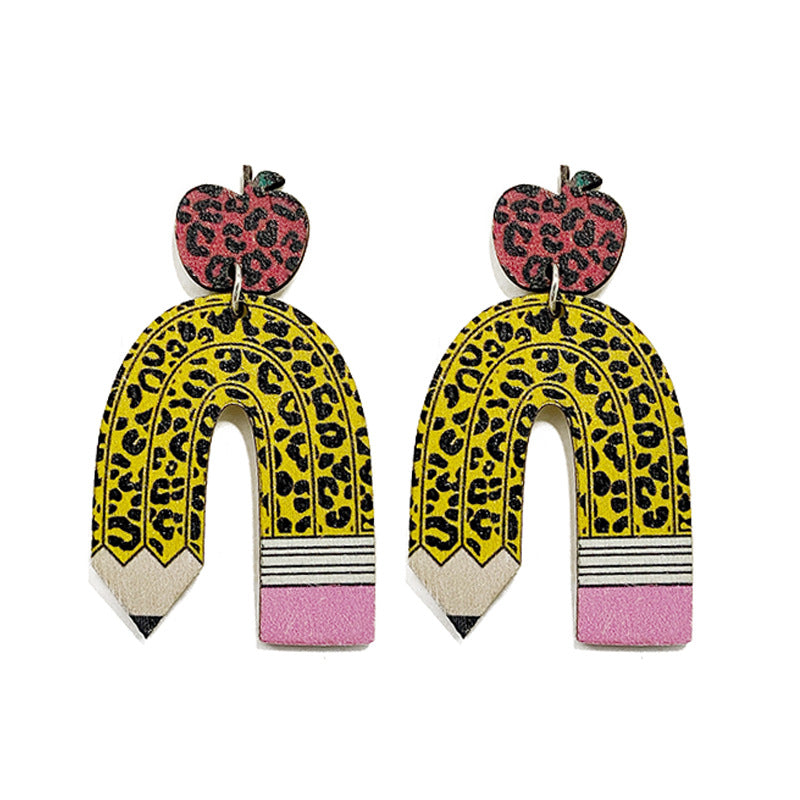 Wholesale Teacher's Day Wooden Earrings Leopard Print Pencil Apple Stitching Earrings ACC-ES-XinChuan029