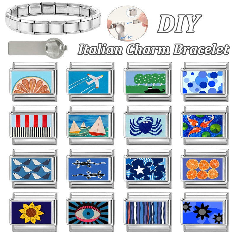 Wholesale Blue Eye Flower Crab Plane Theme DIY Modular Charm Bracelet Stainless Steel Fashion Jewelry Gift