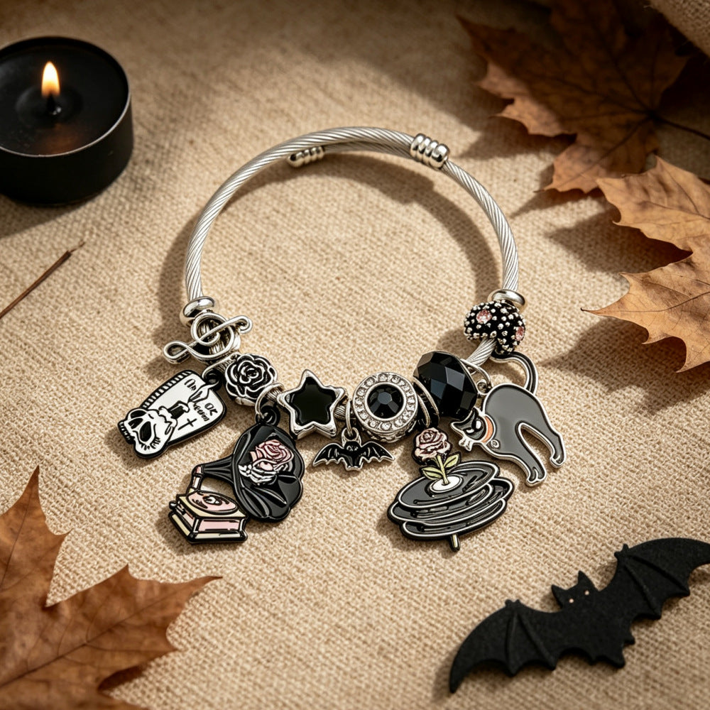 Wholesale Stainless Steel Electroplated Skull Butterfly Pendant Bracelet Retro Vinyl Record Grim Reaper Black Cat Women S Everyday Wear