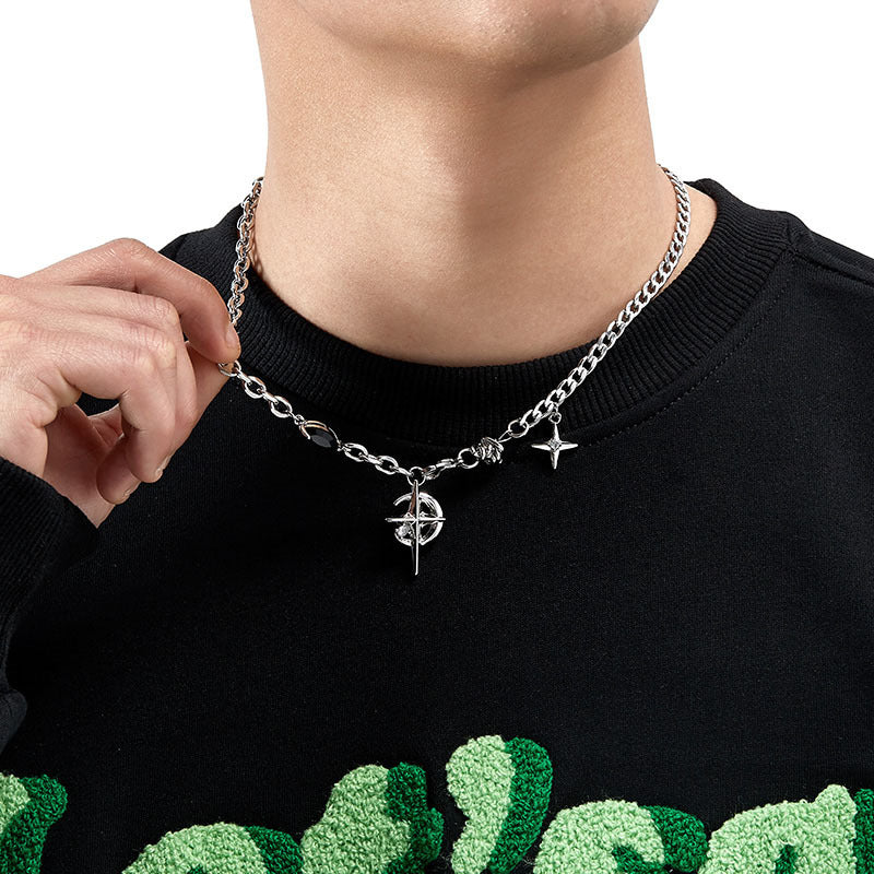 Wholesale Titanium Steel Black Gem Stitching Cross Mang Star Necklace