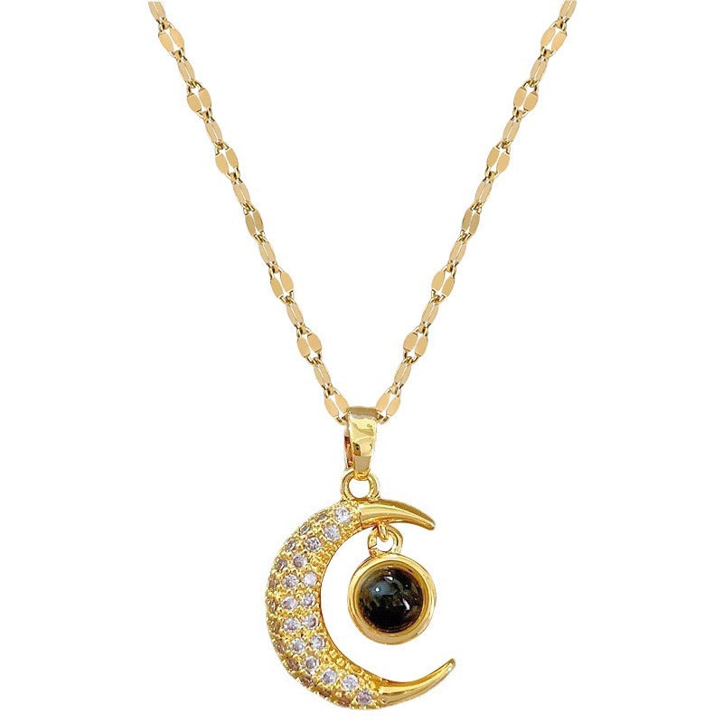 Wholesale Titanium Steel pendant micro inlay moon 100 kinds of I love you text light luxury  clavicle chain