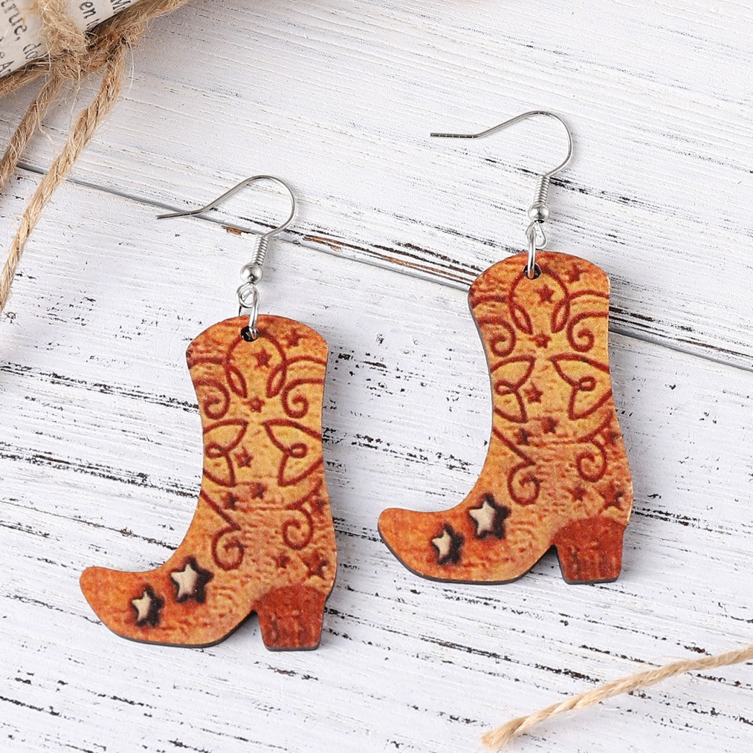 Wholesale Western Cowboy Boots Hat Wood Pendant Earrings ACC-ES-ChuLian054