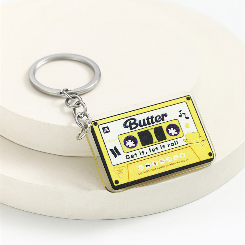 Wholesale Color Acrylic Tape Keychain Pendant Color Printing Retro Music English Keychain