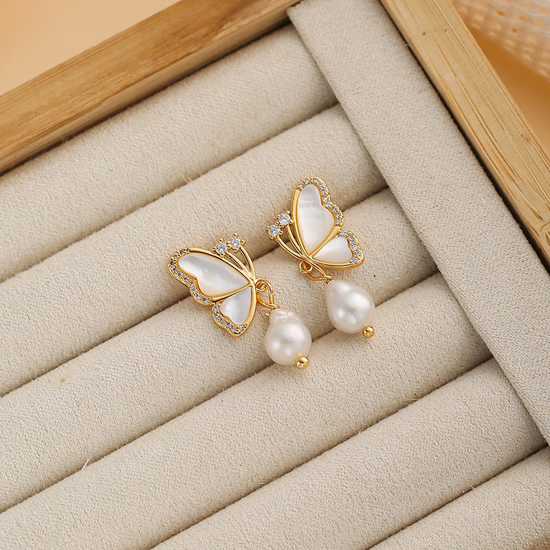 Wholesale  natural pearl earrings silver ear flowers butterfly earrings