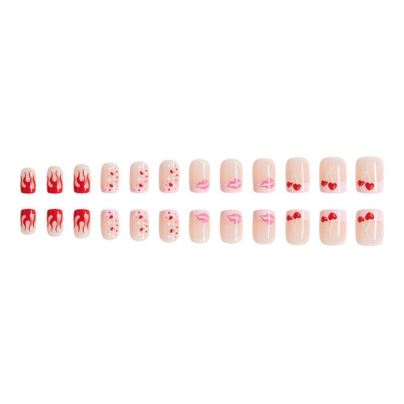 Wholesale 24 Pieces/box Valentine's Day Short Glossy Flame Love Manicure Press-on Nails Kits Nail Stickers ACC-NS-GuaiXL056
