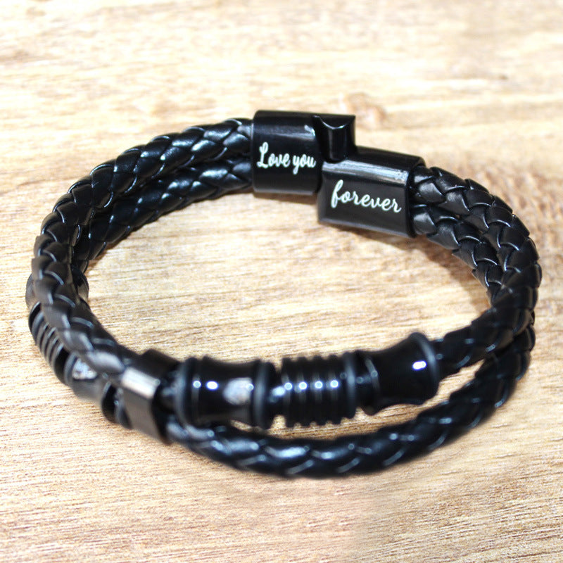 Wholesale Black Leather Cord Men's Double Layer Leather Braided Bracelets Stainless Steel Bracelets ACC-BT-Yima017