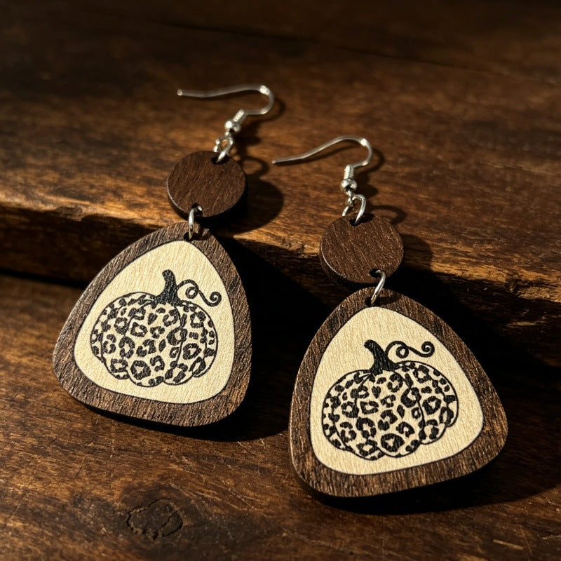 Wholesale Wooden Geometric Earrings Double Layer Leopard Pumpkin Print For Thanksgiving  Party Jewelry Gift Boutique Resale