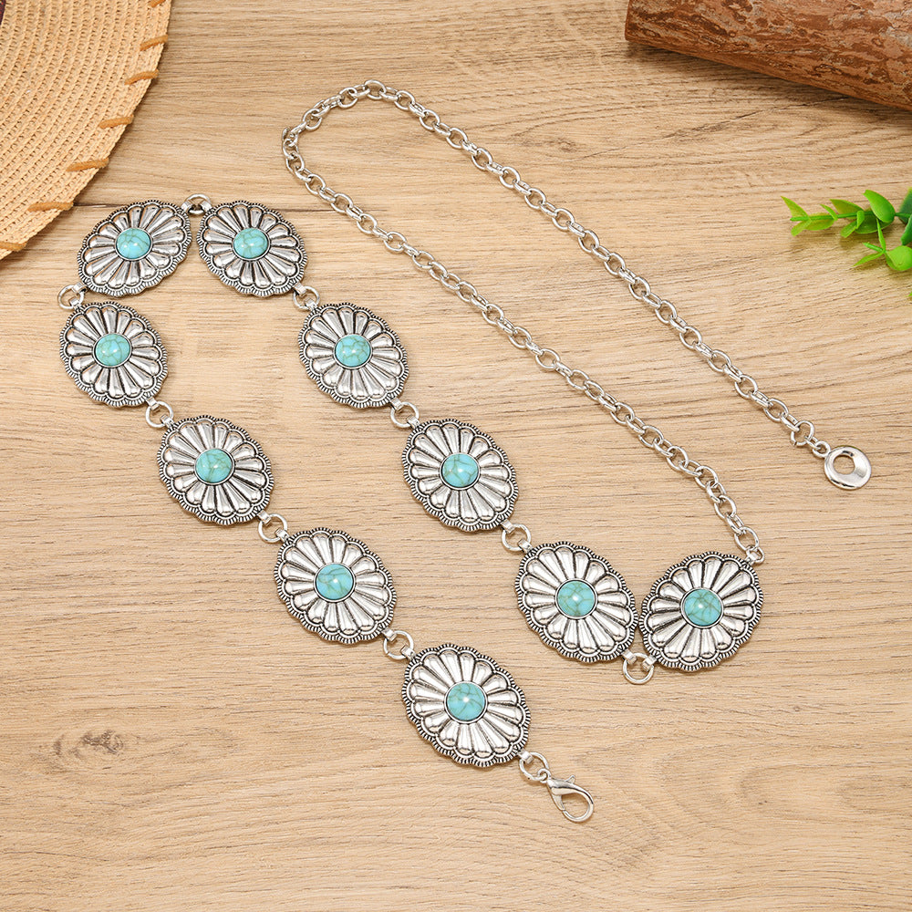 Wholesale Metal turquoise vintage carved waist chain