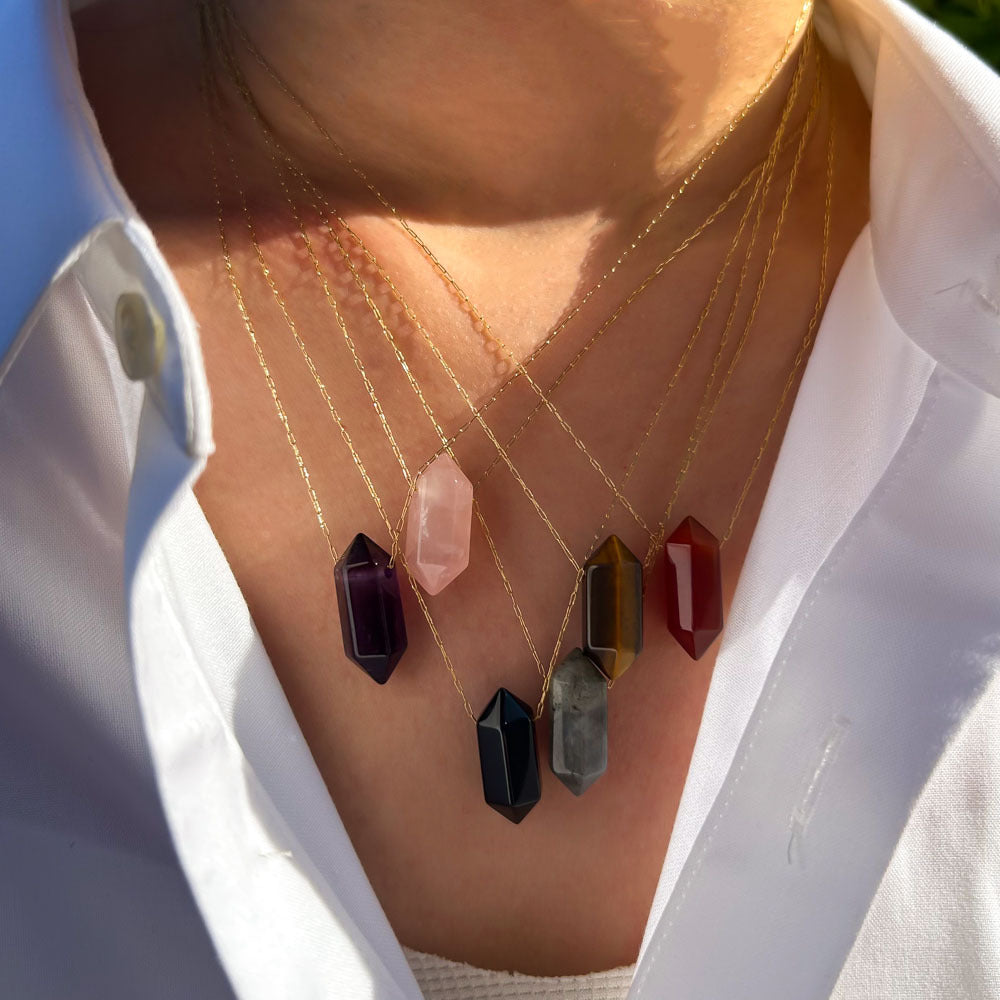 Wholesale Natural Crystal Double-pointed Multi-faceted Hand-polished Hexagonal Prism Pendant Stainless Steel Necklace