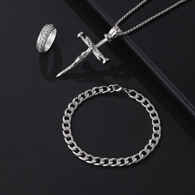 Wholesale Stylish Black Cross Crown Roman Numeral 3 Piece Jewelry Set Necklace Bracelet Ring Fashion Accessory Gift