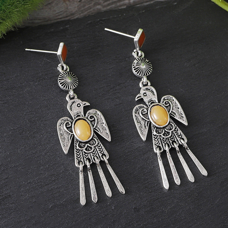 Wholesale Retro Ethnic Bird Earrings For Women Ancient Silver Alloy With Gemstone Accent Fashion Jewelry Accessory For Gift And Boutique Resale