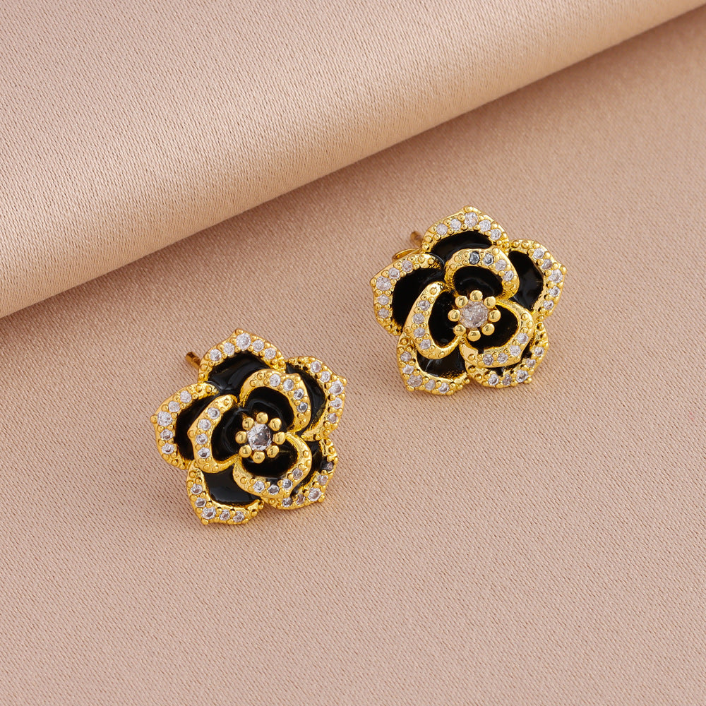 Wholesale  plating 18K gold micro inlay dark style black rose pendant titanium steel necklace earrings set jewelry