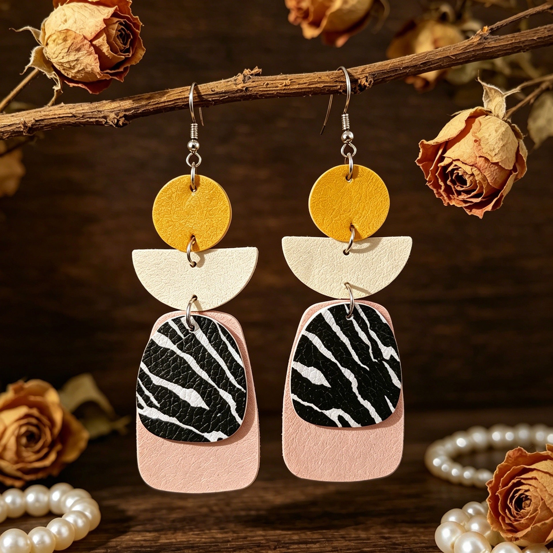Wholesale Retro Zebra Pattern Faux Leather Earrings - Color-Block Geometric Patchwork Jewelry Accessory