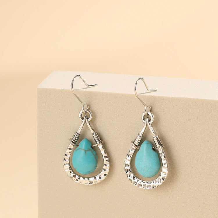 Wholesale Electroplated Zinc Alloy Hollow Turquoise Drop Earrings Bohemian Party Wear