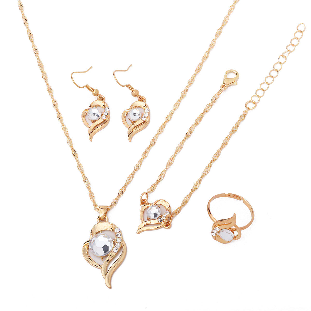 Wholesale  love  pendant with diamond heart necklace bracelet earrings ring jewelry set