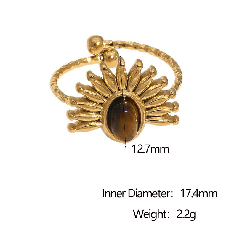 Wholesale Fashion Flower Design Open Ring,  Stainless Steel with Amber Stone,  18K Gold Plated,  Boutique Resale Jewelry Accessory