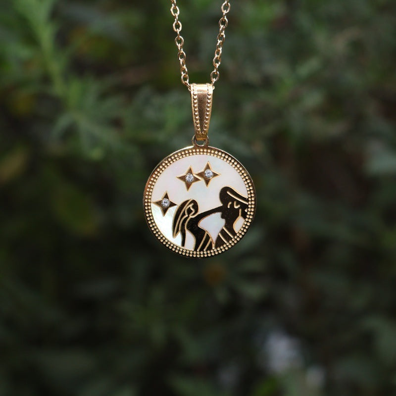 Wholesale Zodiac Diamond Round Shell Stainless Steel Pendant Necklace 18K Gold Plated