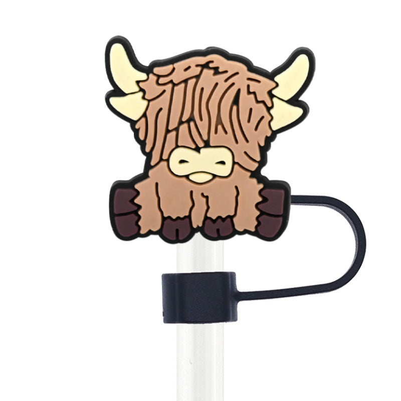 Wholesale  Random 100pcs Highland Cow Series 10mm PVC Soft Straw Tube Cap