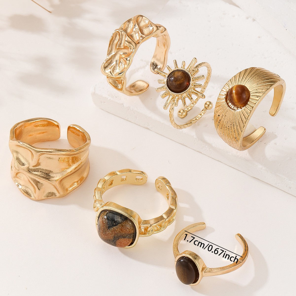 Wholesale Vintage Adjustable Natural Stone Ring Set 6 Piece Gold Tone Alloy Geometric Jewelry Accessory For Women