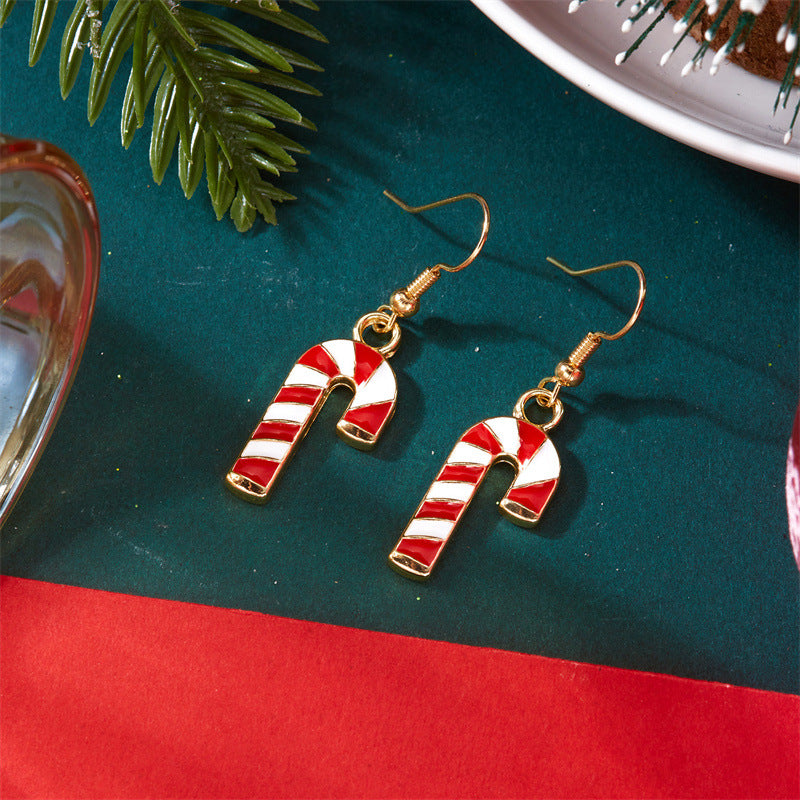 Wholesale Cartoon Christmas Striped  Cane Alloy Oil Drop Earrings