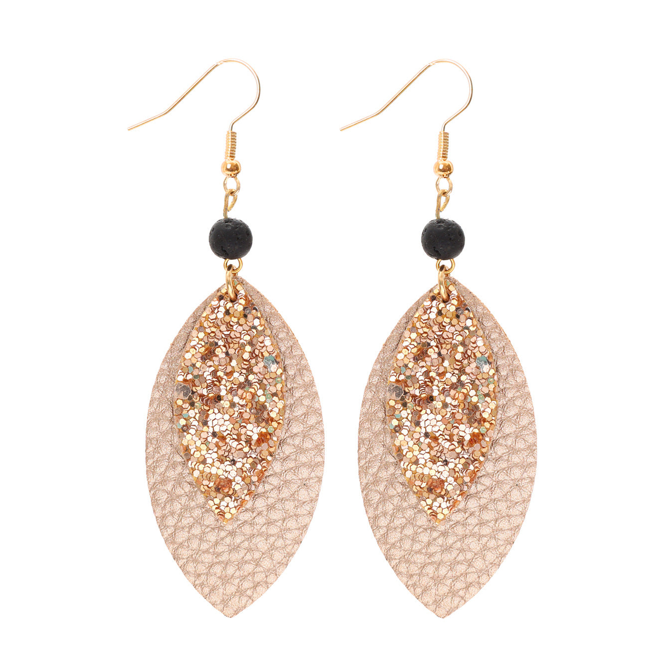 Wholesale  flash leaf natural volcanic stone vintage leather earrings