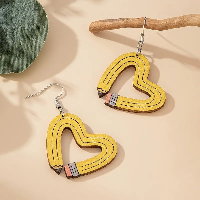 Wholesale School season back to school season love yellow pencil wooden earrings