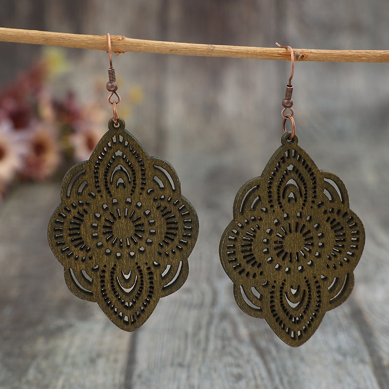 Wholesale  retro ethnic style carved pattern long wooden earrings