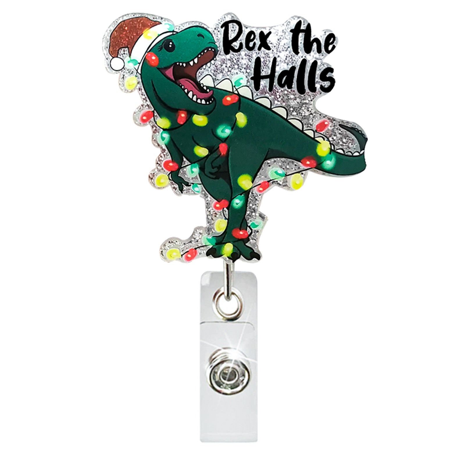 Wholesale Christmas Glitter Acrylic Sloth Dinosaur Puppy Retractable Rotating Badge Keychain ACC-KC-QiDing032