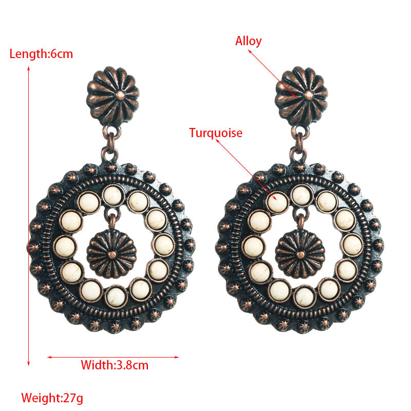 Wholesale Retro Ethnic Style White Turquoise Hollow Round Earrings Alloy Party Style Boutique Resale Jewelry Accessory