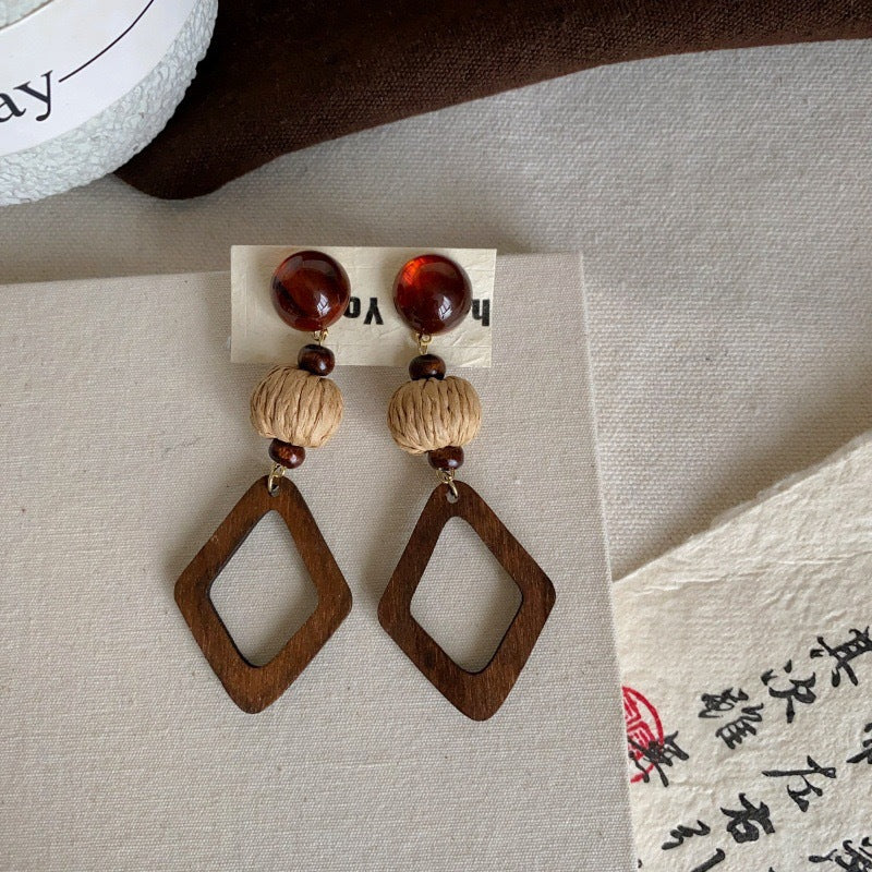 Wholesale Stylish Wooden Geometric Earrings Handmade New Chinese Style Fashion Accessory