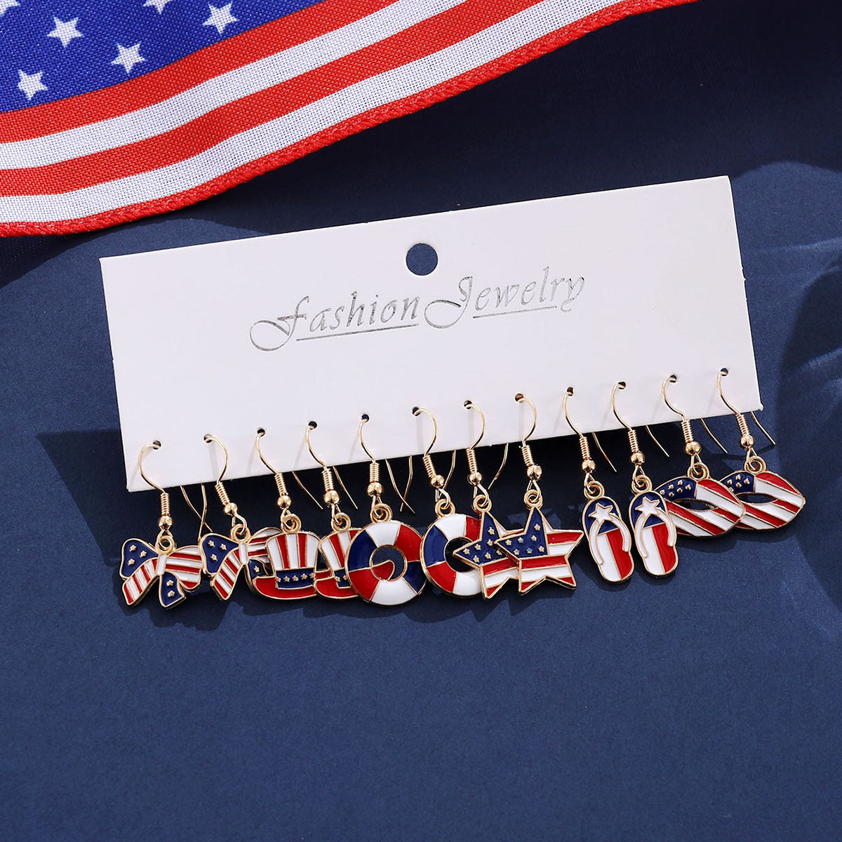Wholesale Independence Day Red, White and Blue Star Striped American Flag Earrings Set
