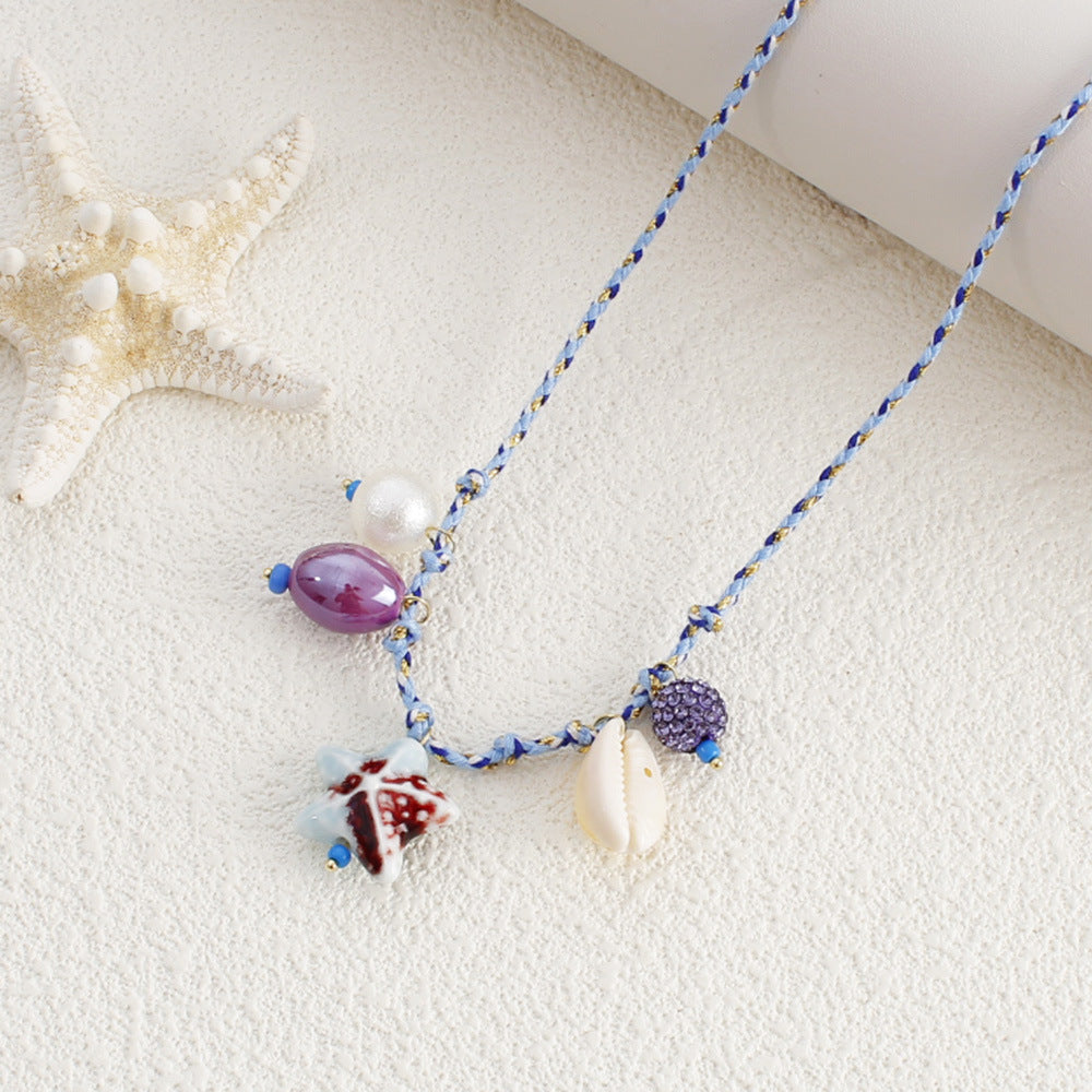 Wholesale  Summer Sea Wind Starfish Pearl Love Pendant Necklace