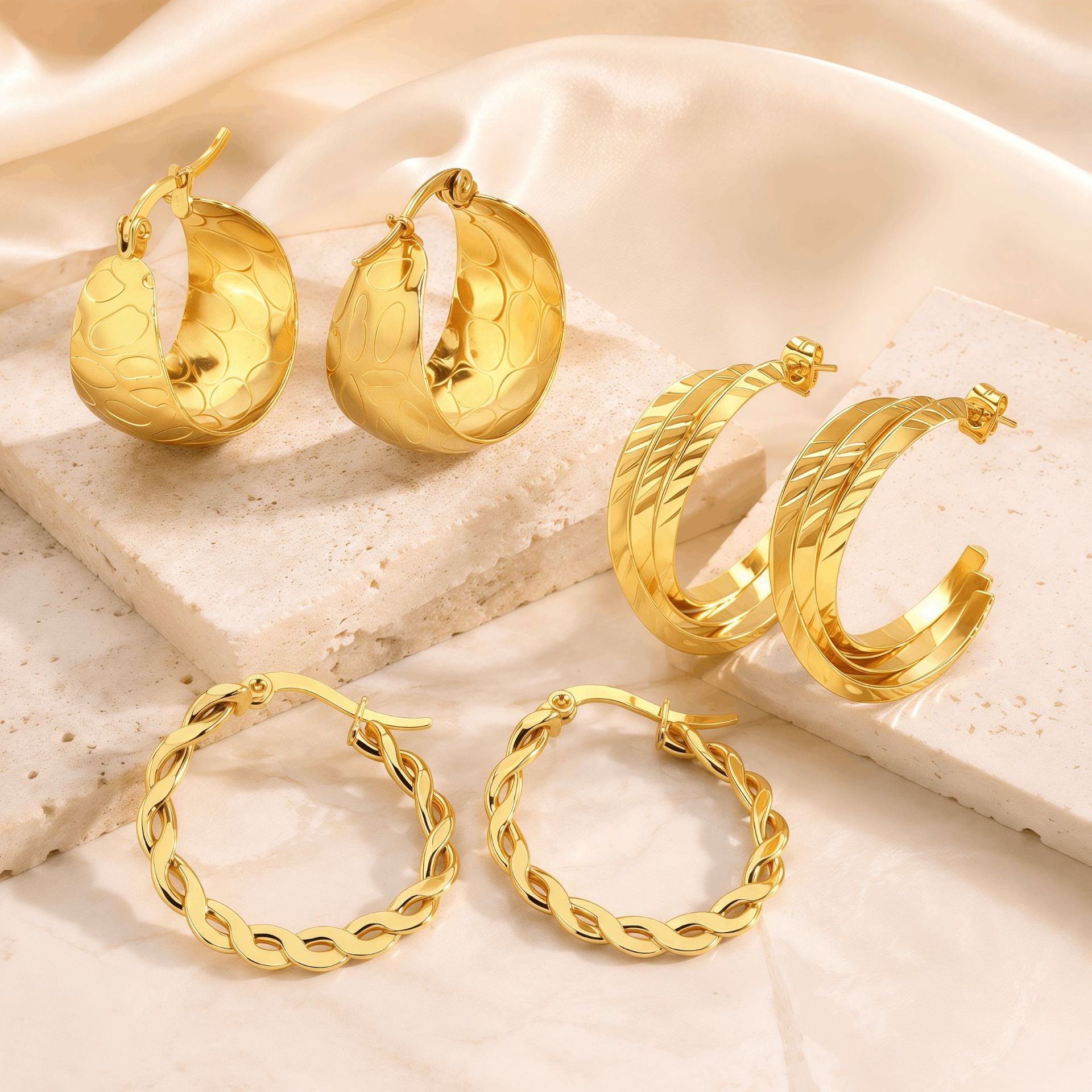 Wholesale Gold Stainless Steel Circle Earrings Wide Chain Design Three Styles Party Wear Jewelry Accessory
