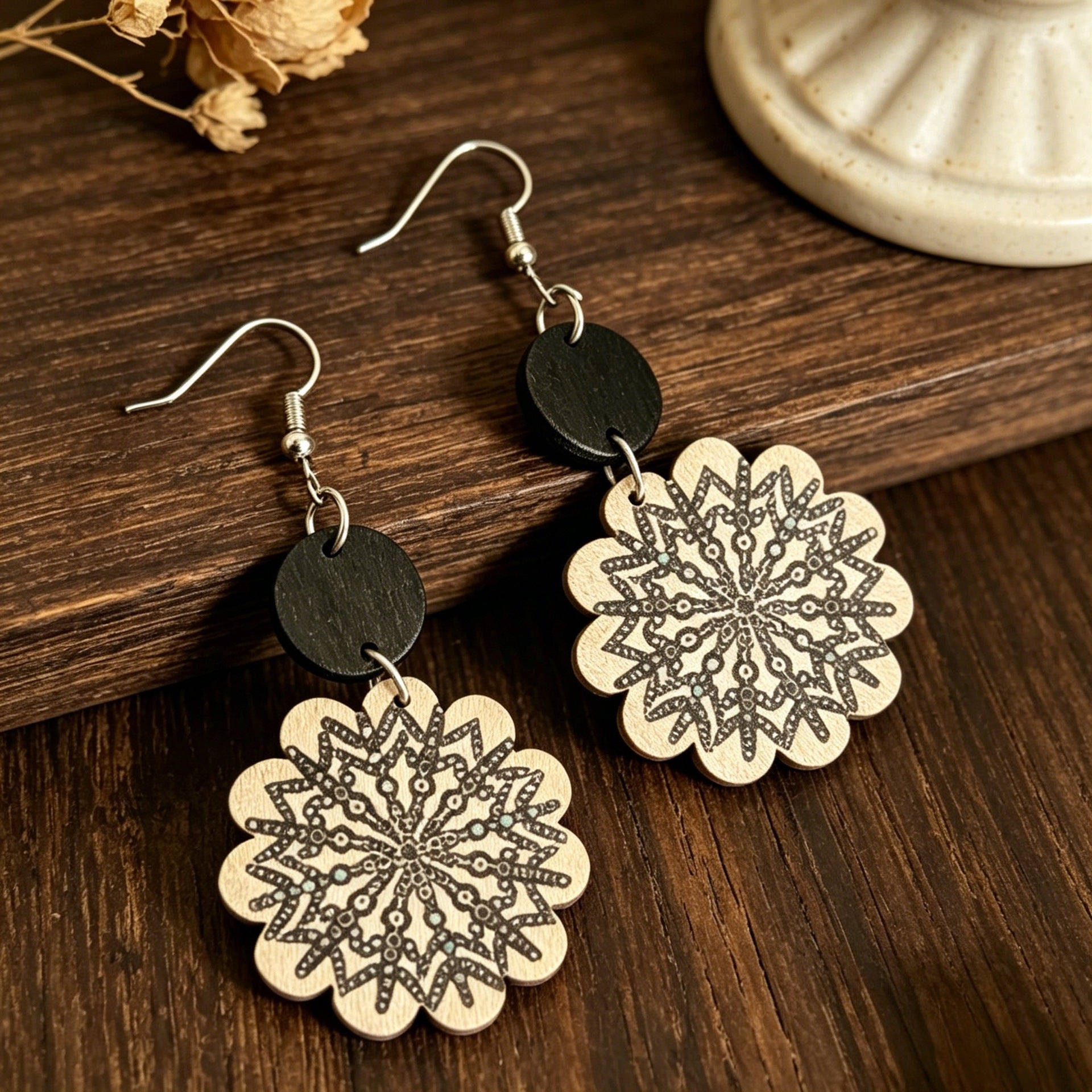 Wholesale Retro Mandala Snowflake Print Black Wood Earrings Boutique Resale Jewelry Accessory