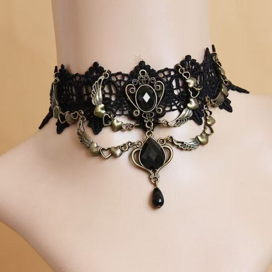 Wholesale Black Lace Pearl Necklace Heart Crystal Retro Trendy Women' s Jewelry