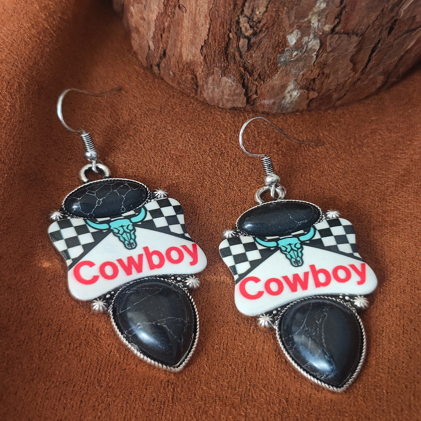 Wholesale Western Cowboy Bohemian Checkerboard Bull Head Jewelry Set Zinc Alloy With Turquoise Pendant Necklace Earrings Ring Trendy Gift
