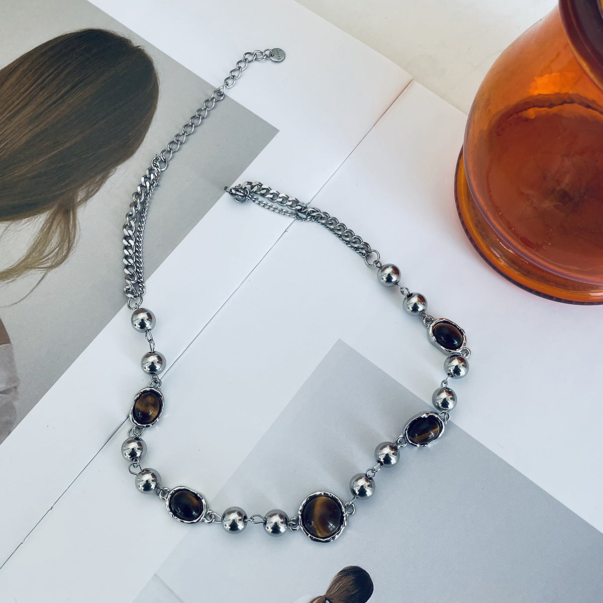 Wholesale Tiger Eye Stone Beaded Necklace Collarbone Sweater Chain Choker Necklace Titanium Steel ACC-NE-NS004