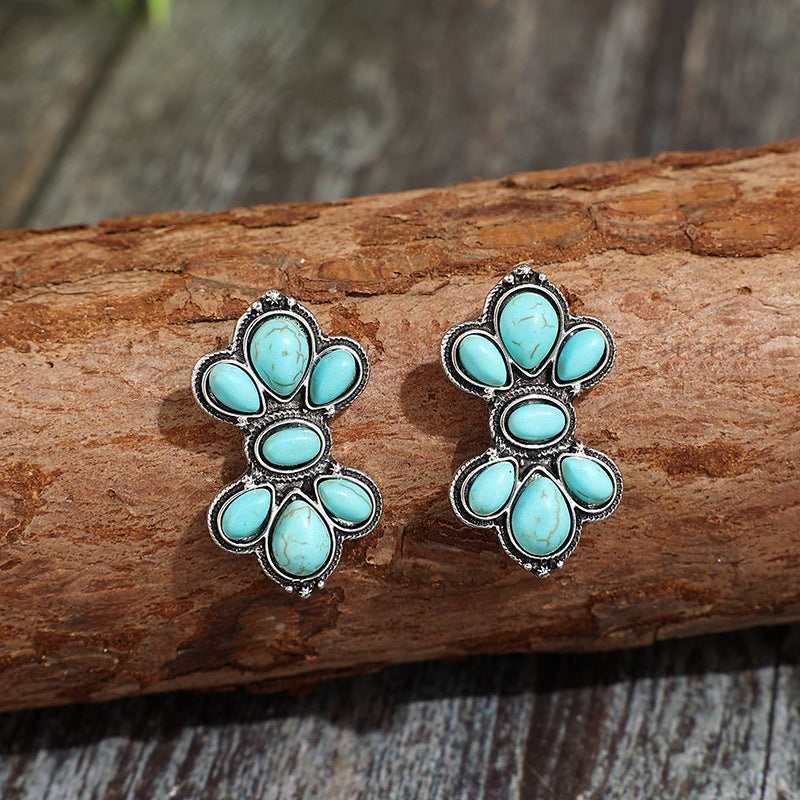 Wholesale Vintage Distressed Turquoise Alloy Earrings Western Bohemian Ethnic Geometric Studs for Women Fashion Accessory