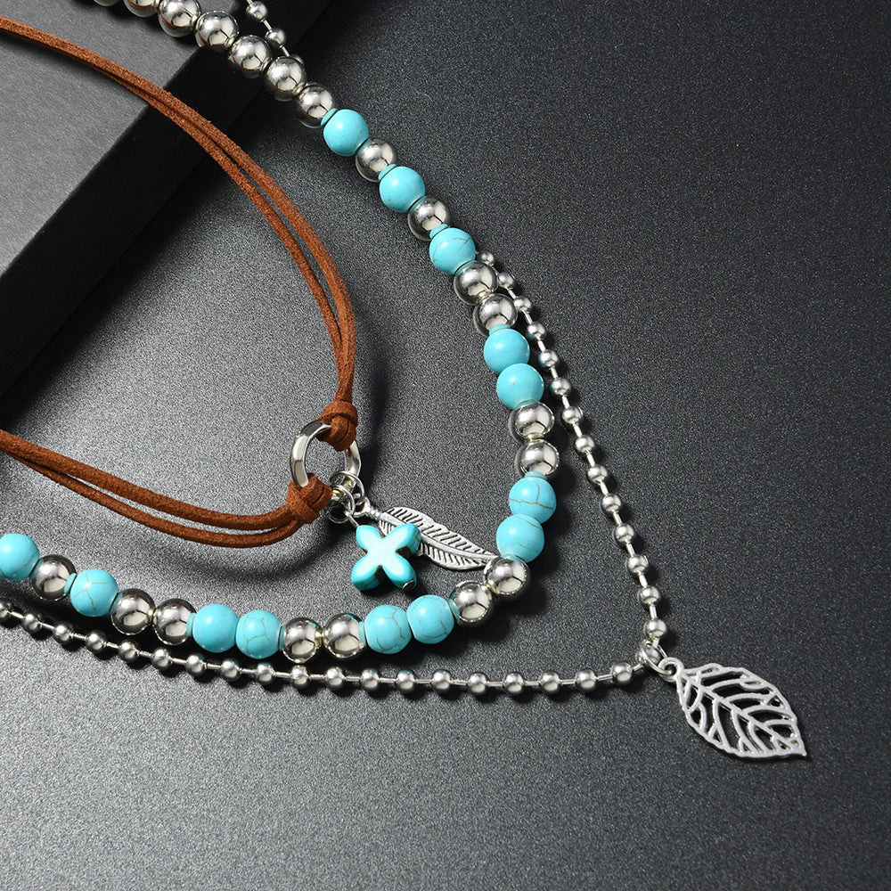 Wholesale Bohemian Turquoise Beaded Layered Necklace Set Handmade Women S 3 Piece Collarbone Chain Boutique Resale Jewelry